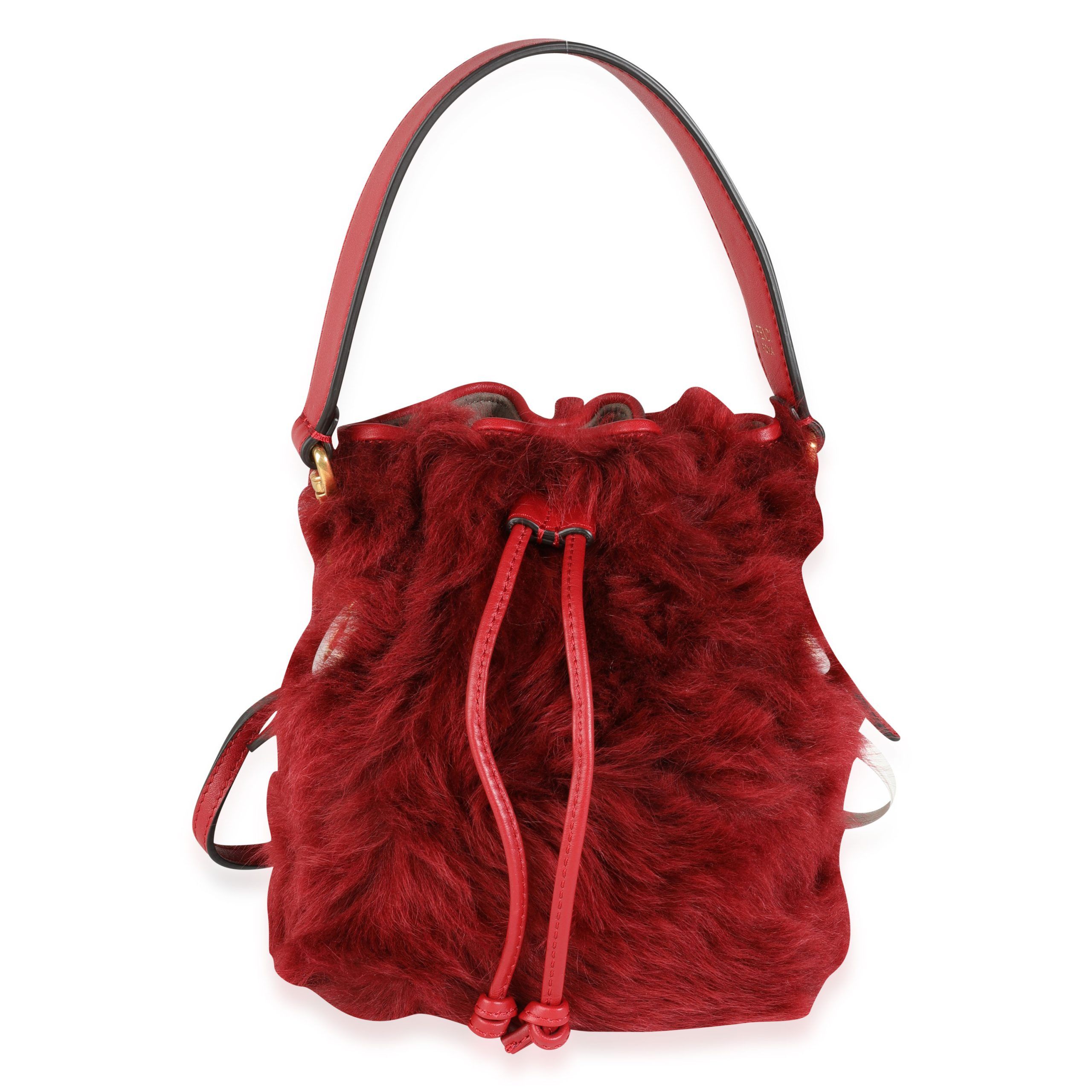 image of Fendi Red Lamb Fur & Calfskin Leather Mini Mon Trésor Bucket Bag, Women's