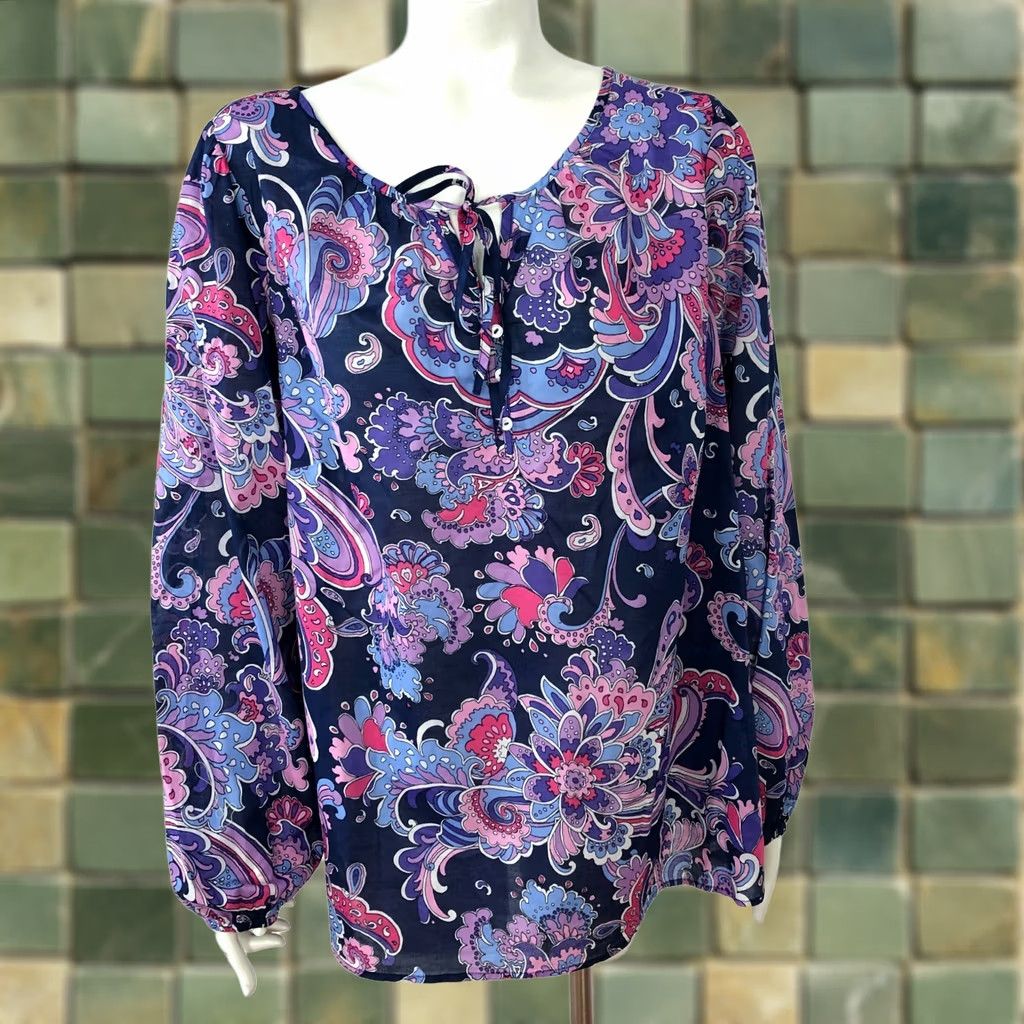 Talbots Talbots Plus 1X Paisley Smock Popover Pullover Button Top Blouse Blue MINT Shirt Womens 1X Paisley Long Sleeve Scoop Neck Button Accent Casual Blouse Size XL / US 12-14 / IT 48-50 - 1 Thumbnail