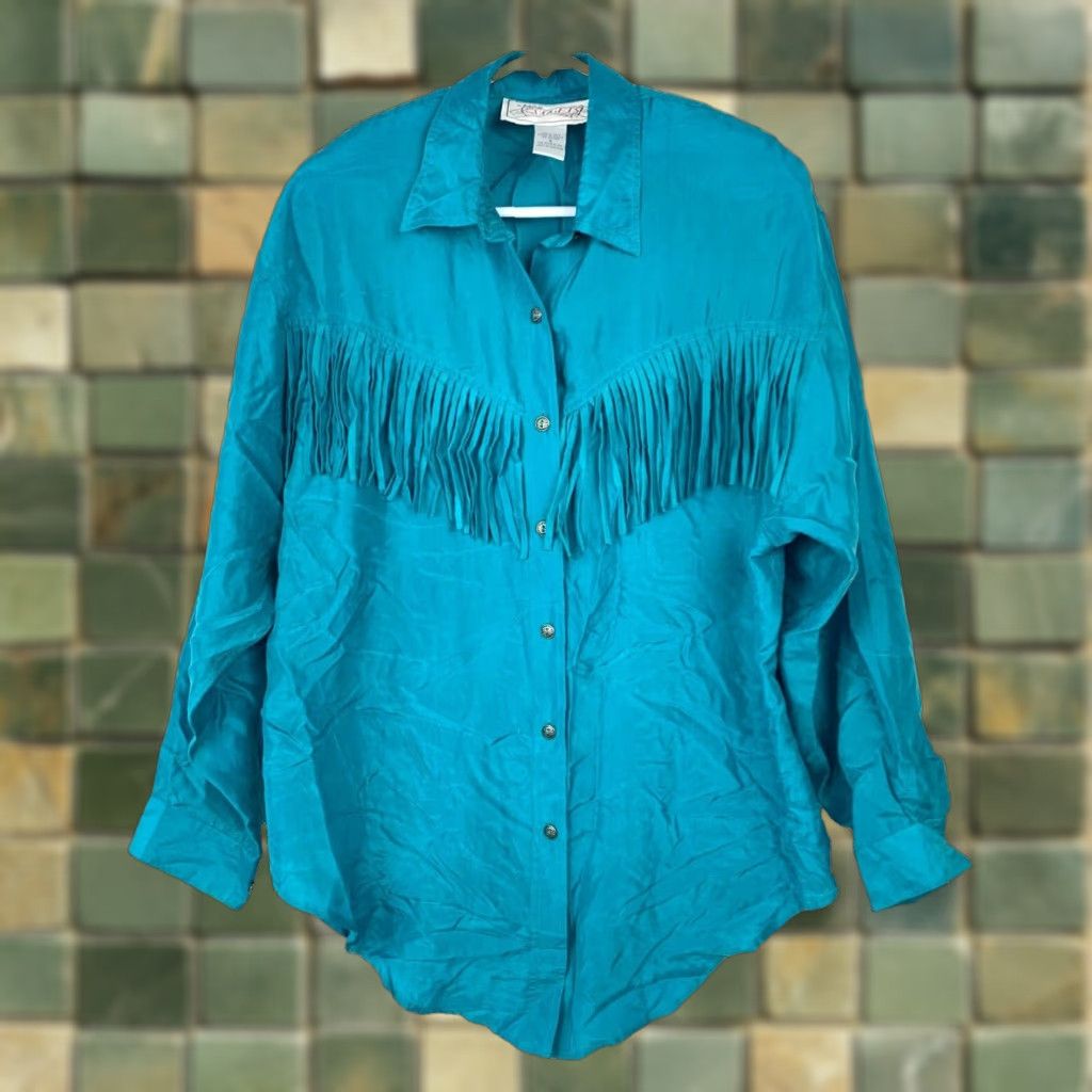Vintage VINTAGE Nuggets Silk Fringe Button Up Shirt Top Blouse Womens Small TEAL Silk 1990s Grunge Shirt Mens? Size S / US 4 / IT 40 - 1 Thumbnail