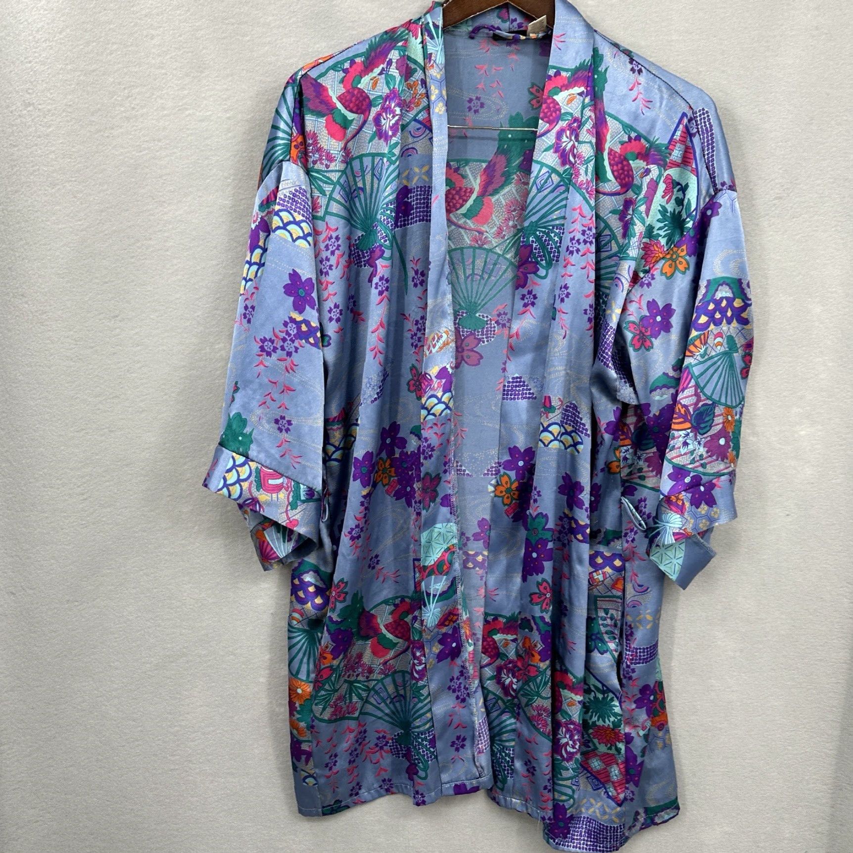 Vintage VINTAGE Fredericks Of Hollywood Robe Womens One Size Blue Satin Kimono Boho Floral y2k READ Size ONE SIZE - 2 Thumbnail
