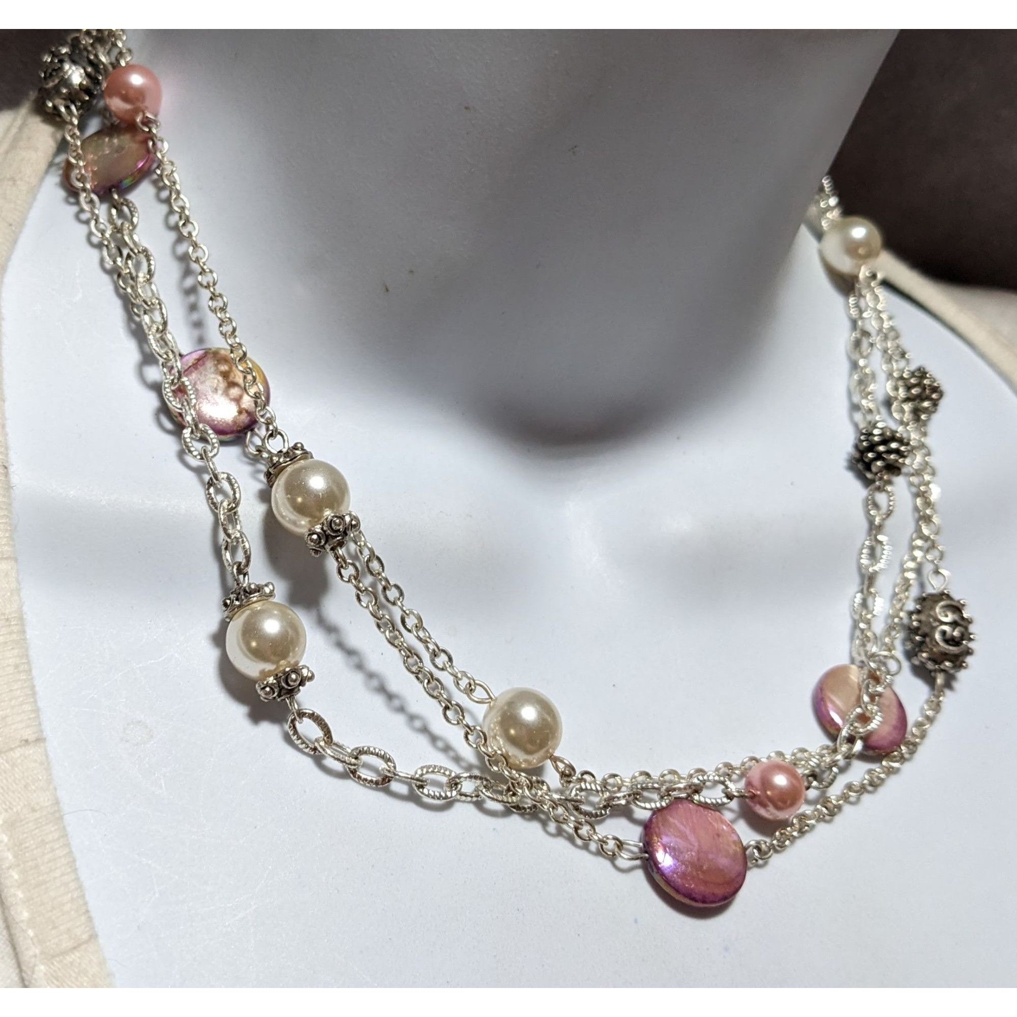 George George Silver Necklace With Pink & White Beads Size ONE SIZE - 11 Thumbnail