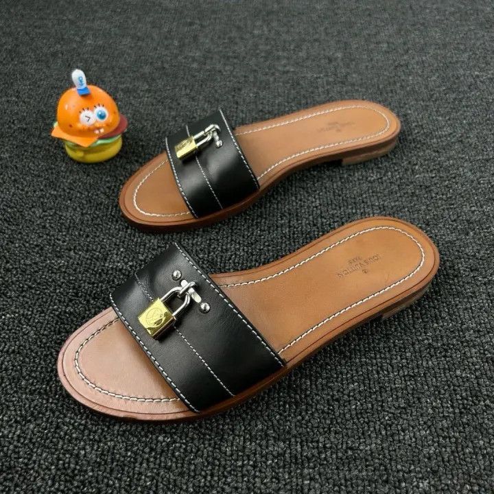 Louis Vuitton Lock Slide Sandals in Black Brown -2508