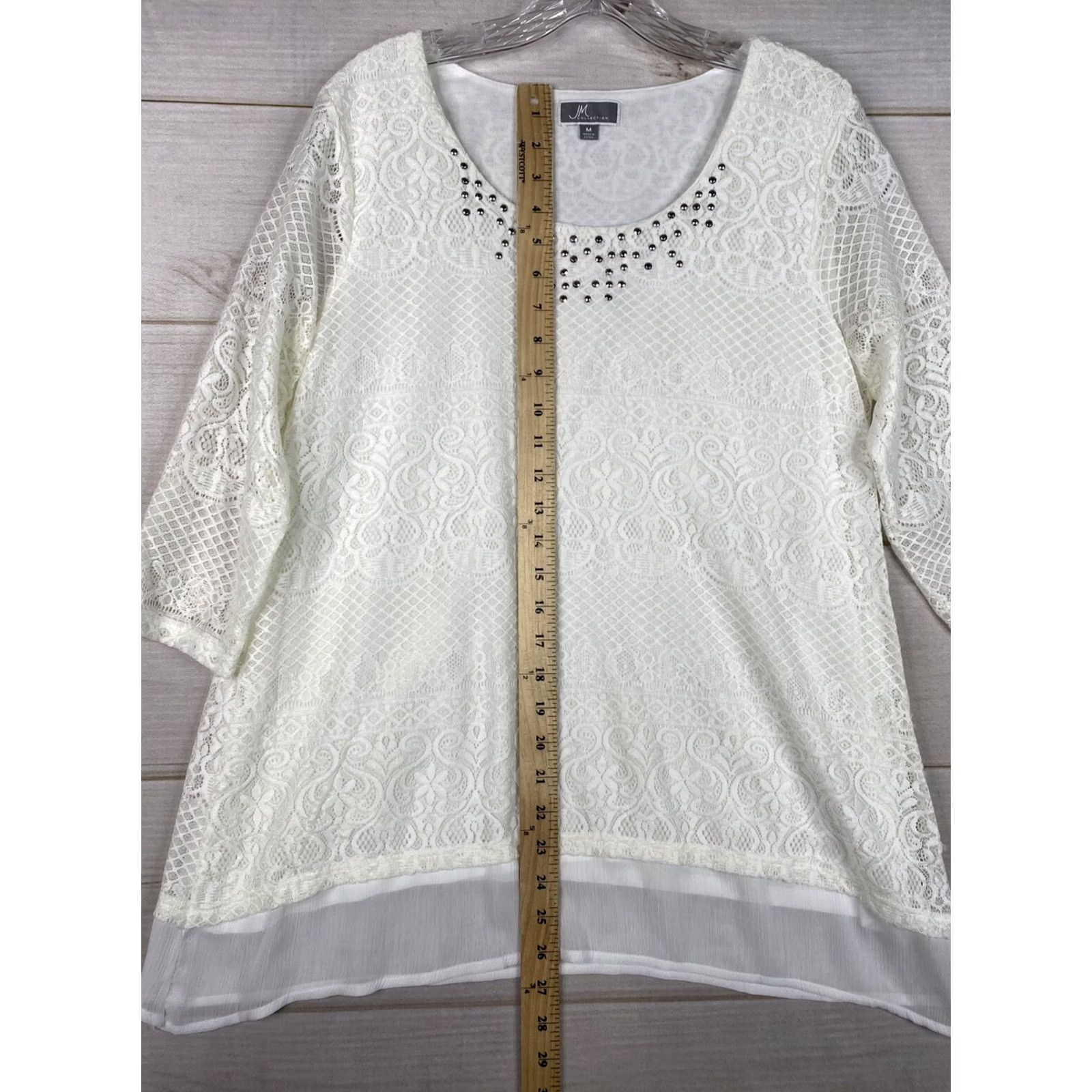 JM Collection JM Collection White Lace Studded Scoop Neck 3/4 Sleeve Blouse M Womens Regular Size Stretch Knit Top Size M / US 6-8 / IT 42-44 - 6 Thumbnail