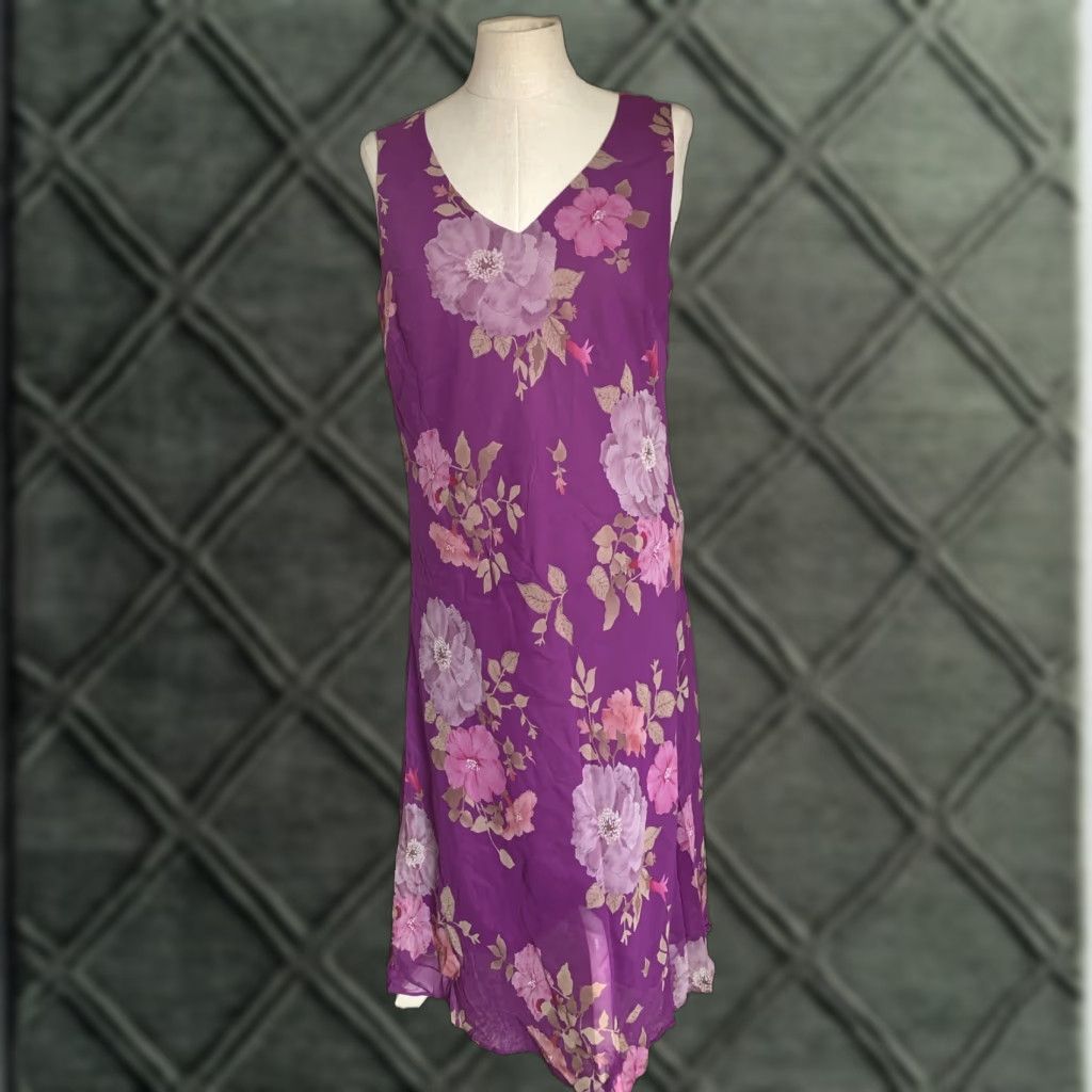 Vintage Casual Corner Silk Slip Dress Womens 8 Purple V-Neck Sleeveless Midi Lined NWT Flower Party/Cocktail Size M / US 6-8 / IT 42-44 - 1 Thumbnail