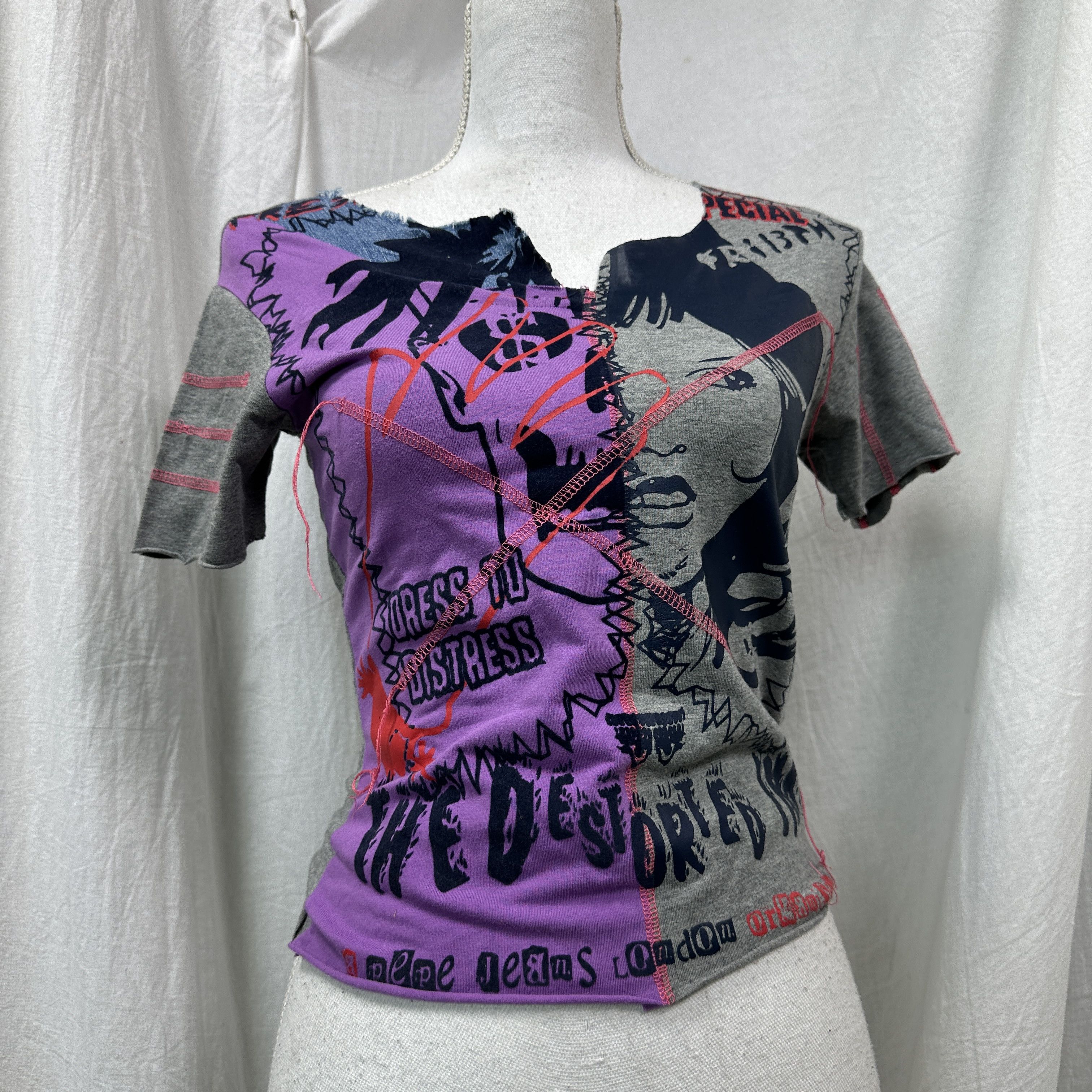 Pepe Jeans Vintage Avant Garde Distressed Patchwork Printed Top Y2K Size S / US 4 / IT 40 - 5 Thumbnail