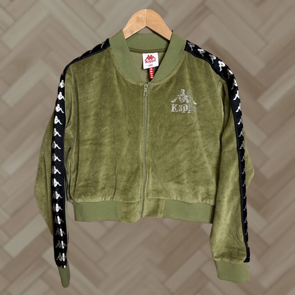 Kappa Kappa Jacket Womens Large Green Track Zip Logo Tape Sleeve Cropped Velour Size L / US 10 / IT 46 - 1 Thumbnail