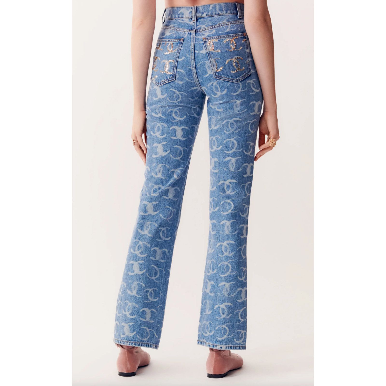 Chanel Chanel 23B Runway Light Blue Denim Sequin Skinny Jeans 36 