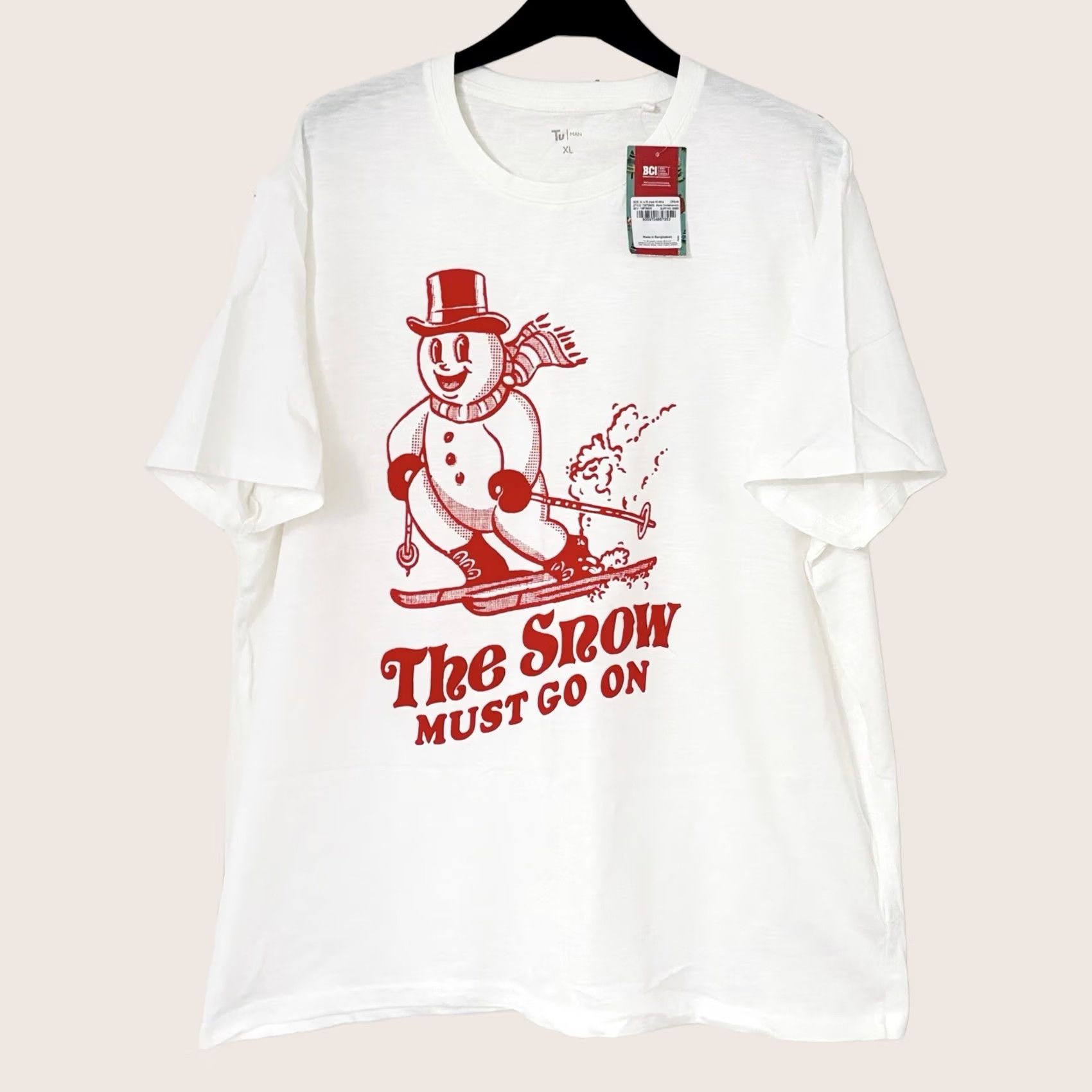 Vintage TU Christmas T Shirt XL Mens Cream Snow Must Go On BNWT New With Tags Crew Neck Short Sleeve Cotton Snowman Xmas Shirt Size US XL / EU 56 / 4 - 1 Thumbnail