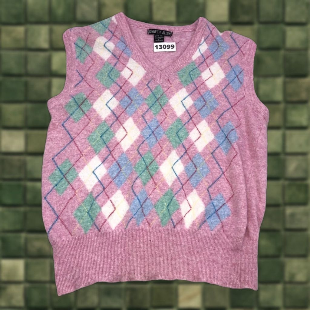 Pinko VINTAGE Kenneth Allen Sleeveless Vest Womens XXL Pink Argyle Lambswool Wool Knit V-Neck 90s Classic 3 Decade Theme Womens Size XL / US 12-14 / IT 48-50 - 1 Thumbnail