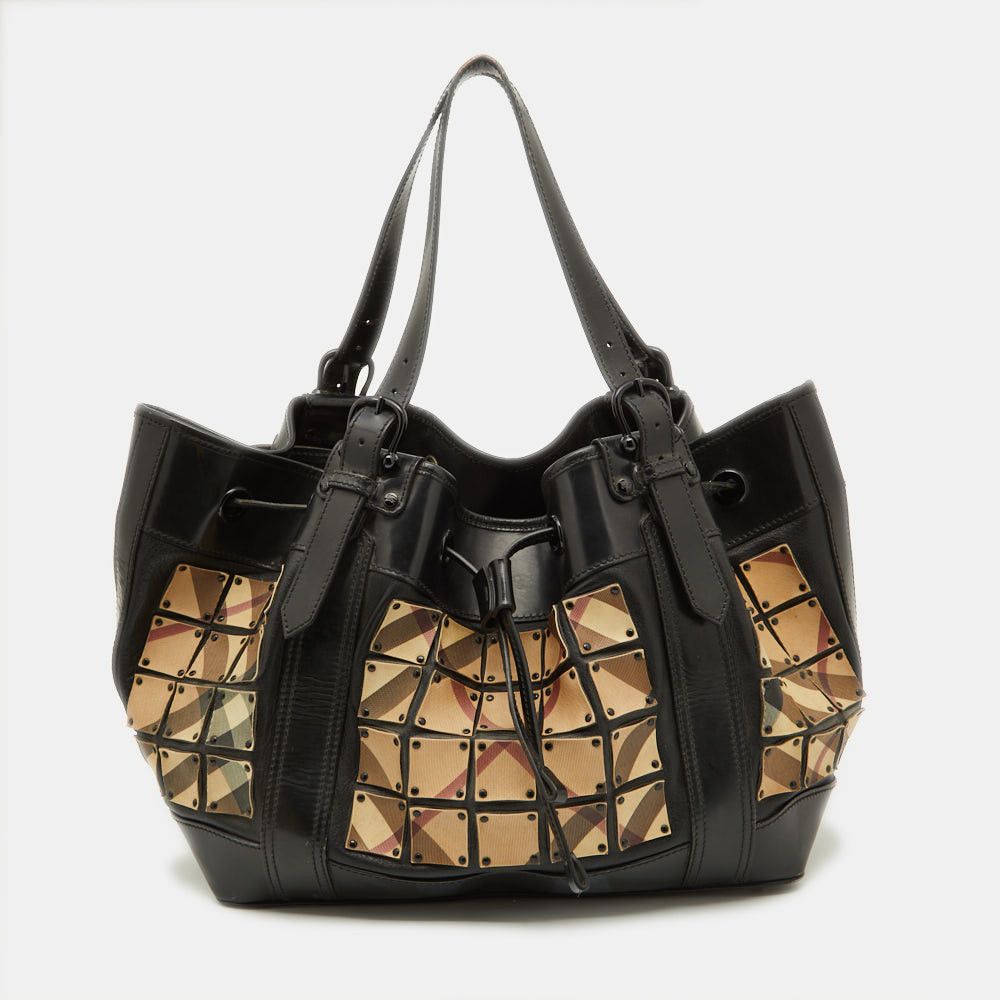 image of Burberry Beige/black Nova Check Coated Canvas And Patent Leather Warrior Tote in White, Women's