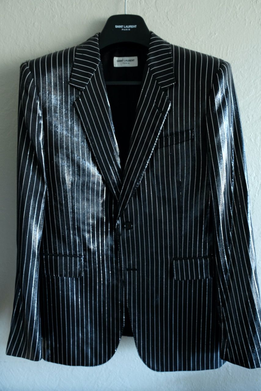 Hedi Slimane × Saint Laurent Paris Saint Laurent Paris Shiny Pinstripe Blazer Coated Jacket Size 52R - 1 Thumbnail