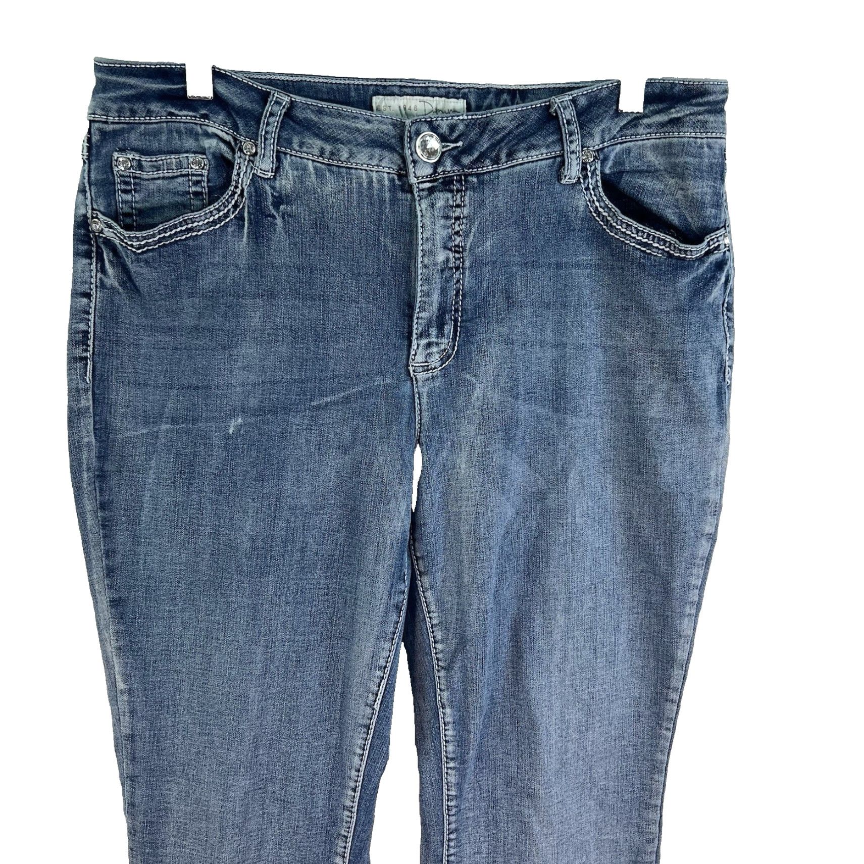 Denime Est 1946 Denim Boot-Cut Jeans Womens 16 Blue 36X33 Embroidered Beaded Rhinestone Casual Comfortable Stretch Regular Mid Rise Jeans Women Size 38" / US 16 / IT 52 - 2 Thumbnail