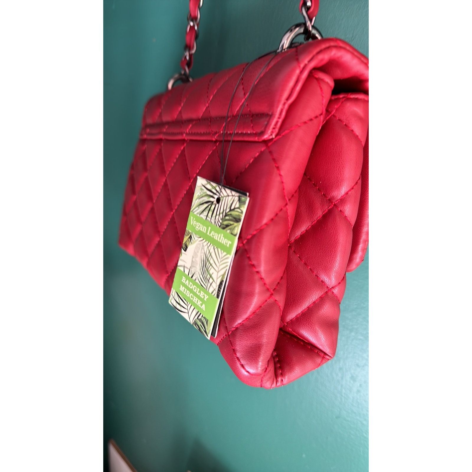 Badgley Mischka Designer Quilted Leather Red Silver Crossbody Purse Size ONE SIZE - 5 Thumbnail