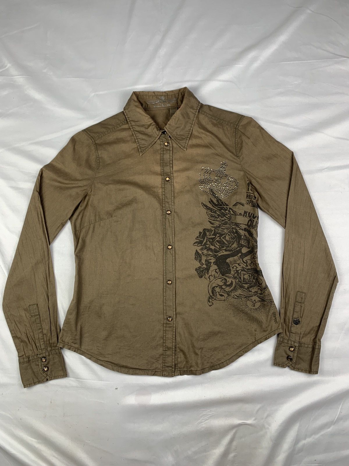 Esprit y2k Esprit Army Green Grunge Graphic Snap Button Shirt Size M / US 6-8 / IT 42-44 - 1 Thumbnail