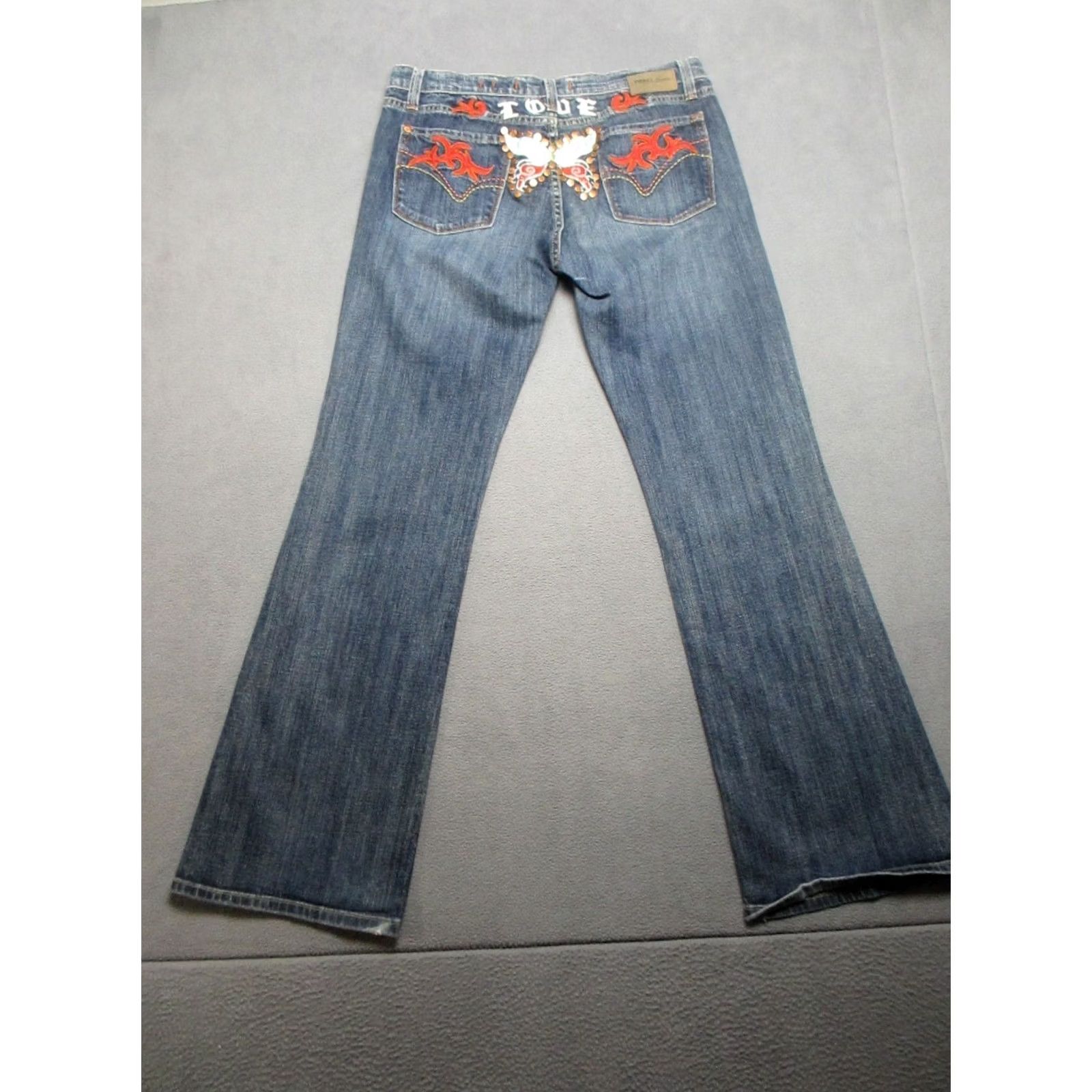 Vintage Vigoss Womens Jeans Blue Bootcut Embroidered Butterfly Mid Rise - 11/12 - Buy Online Size 34" / US 12 / IT 48 - 2 Thumbnail