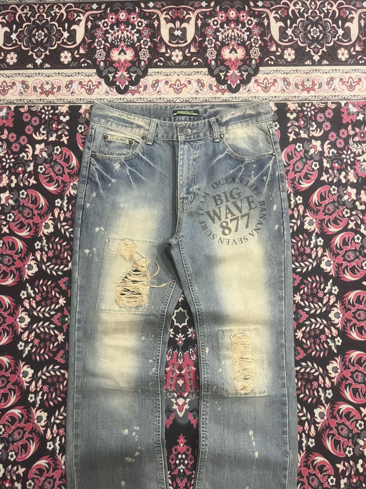 Japanese Brand Banana Seven Big Wave 877 Mud Washed Distressed Flare Jeans Size US 32 / EU 48 - 3 Thumbnail