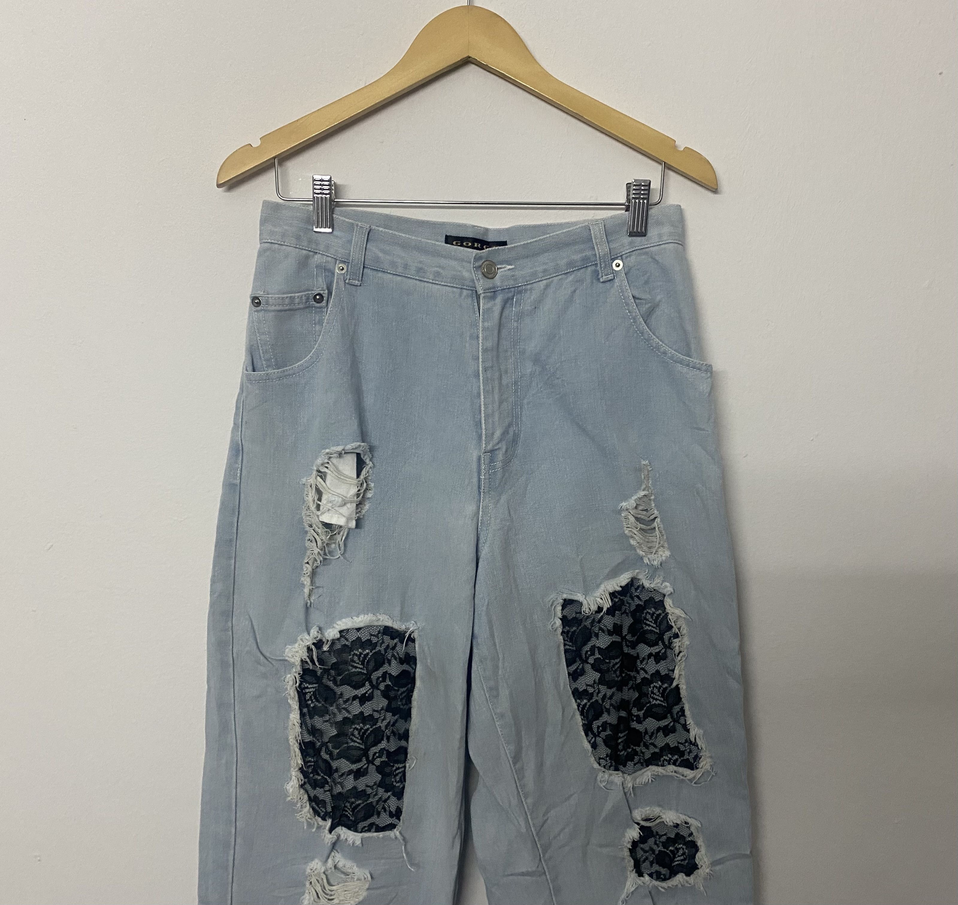 George Vintage George Patchwork Distressed Light Blue Jeans Size US 31 - 4 Thumbnail
