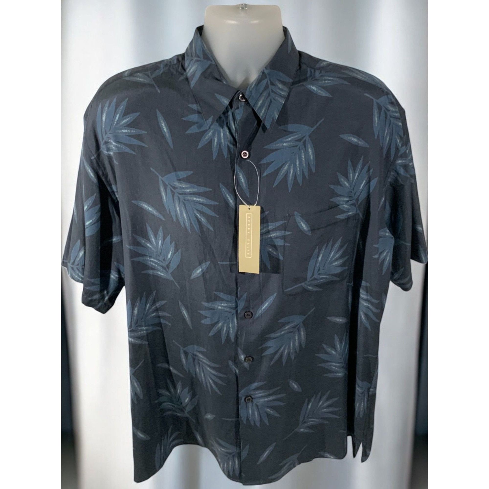 Perry Ellis Perry Ellis Silk Blend Tropical Navy Button Down Shirt New L Size US L / EU 52-54 / 3 - 2 Thumbnail