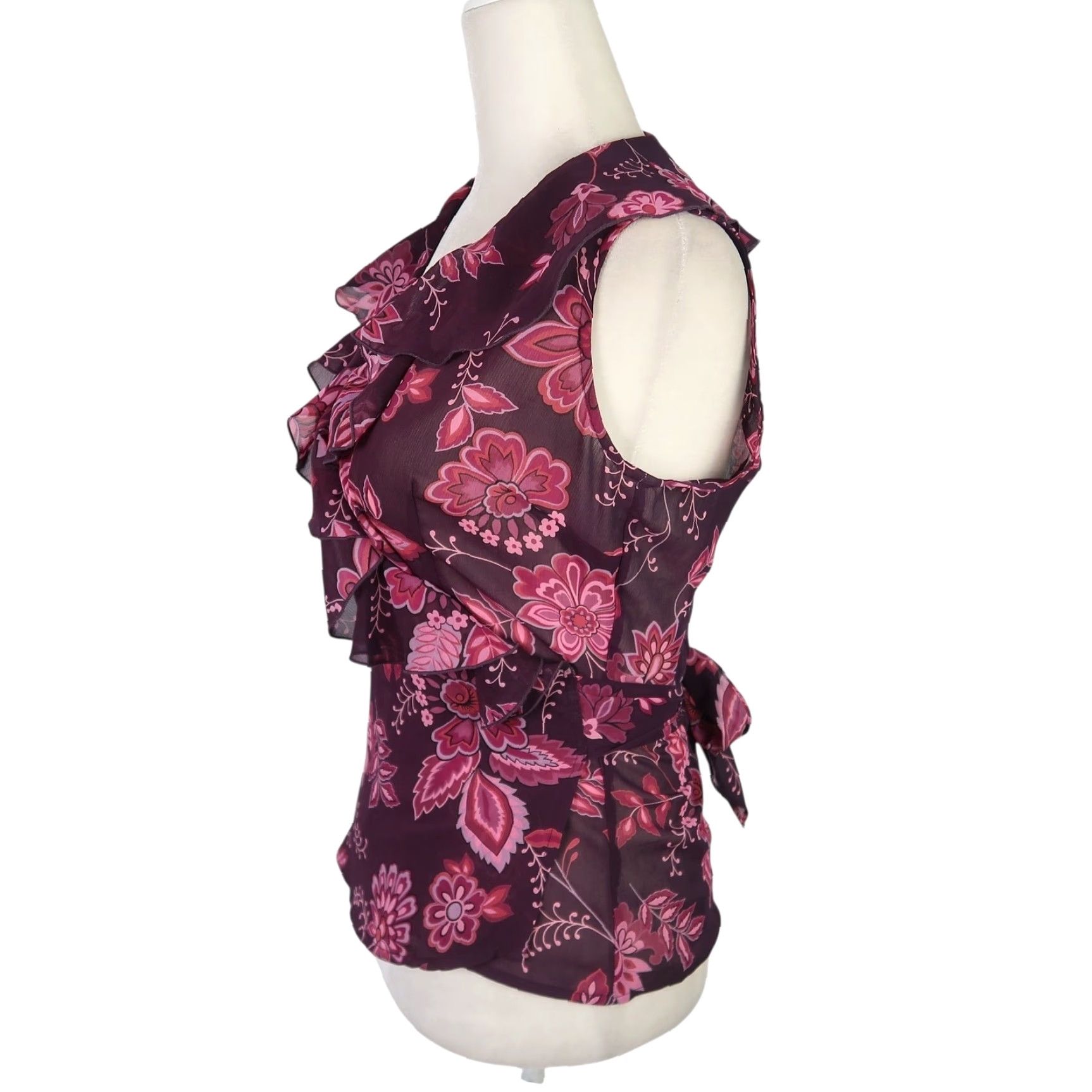 Vintage VINTAGE New York & Company Blouse Womens S Sleeveless Wrap Floral Purple Pink Ruffle Tie Top Size S / US 4 / IT 40 - 3 Thumbnail
