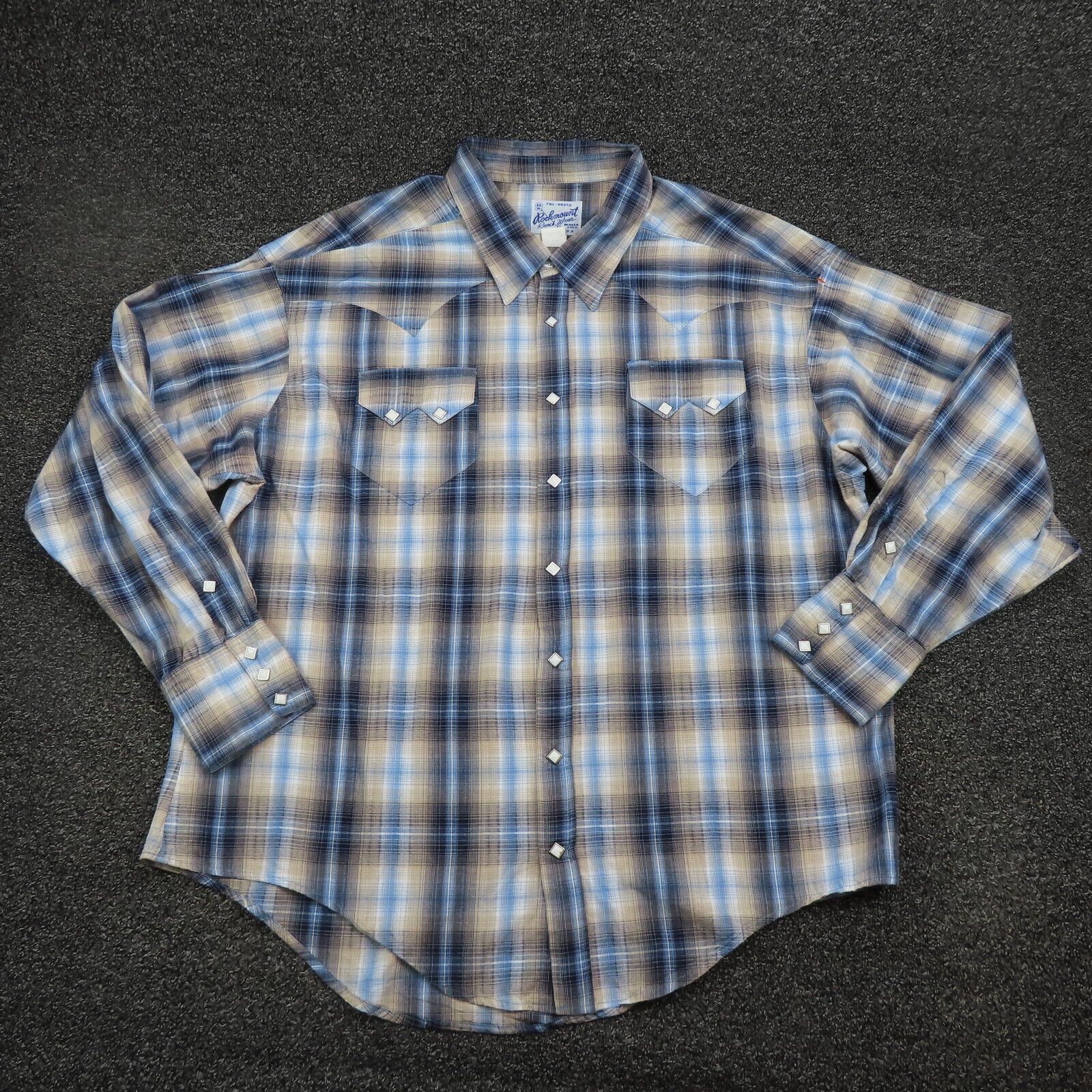 image of Vintage Rockmount Ranch Wear Shirt Adult 2Xl Blue & Gray Plaid Western Snap Button Up in White