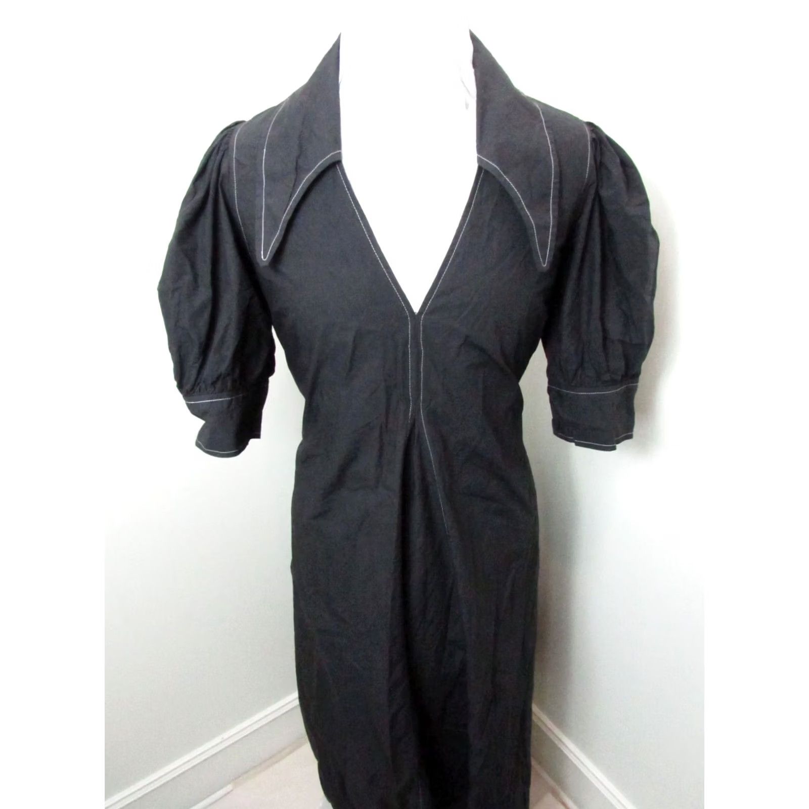 Ganni GANNI Dress Midi Black White Stitching Puff Sleeve V-Neck Pullover Large Women Regular Dress Size L / US 10 / IT 46 - 3 Thumbnail