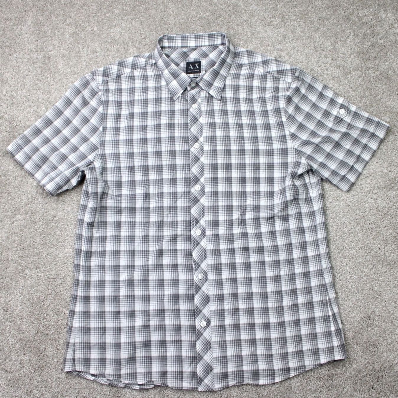 Armani Exchange A/X Armani Exchange Shirt Mens Large Gray/White 100% Cotton Short Sleeve Button-Up Plaid, Regular Fit, Casual Crew Neck? Size US L / EU 52-54 / 3 - 2 Thumbnail