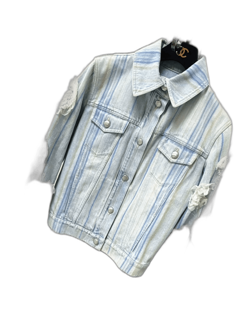 Chanel Chanel Blue Stripe Camellia Denim Jacket Size M / US 6-8 / IT 42-44 - 1 Thumbnail
