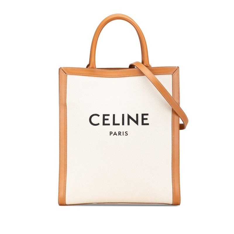 Celine Celine Vertical Cabas Small Canvas Leather 2Way Tote Shoulder Bag White Brown Canvas Shoulder Bag, Women's
