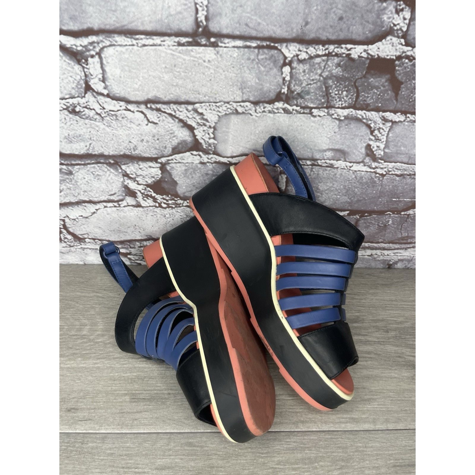 Camper Camper Tropic Black Blue Leather Ankle Strap Wedge Sandals W Size US 5.5 / IT 35.5 - 22 Thumbnail