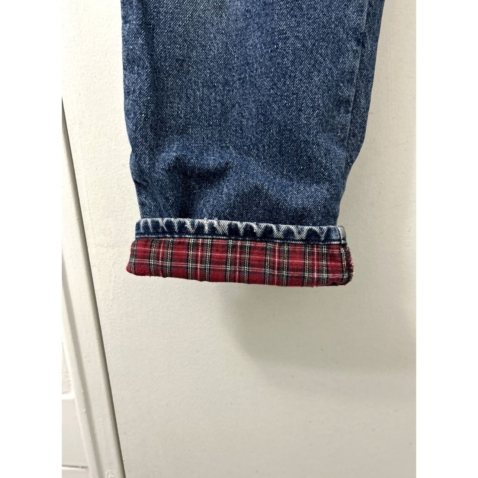 Vintage LL Bean Jeans Womens 12x27 Medium Wash Relaxed Fit Denim Flannel Lined 5-Pocket High Rise Cuffed 27 Inseam Blue Plaid Autumn Winter Size 34" / US 12 / IT 48 - 7 Thumbnail