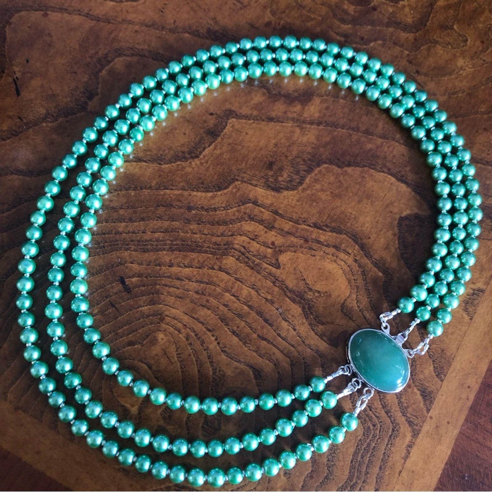 Handmade Handcrafted triple strand green pearl stone clasp necklace Size ONE SIZE - 9 Thumbnail