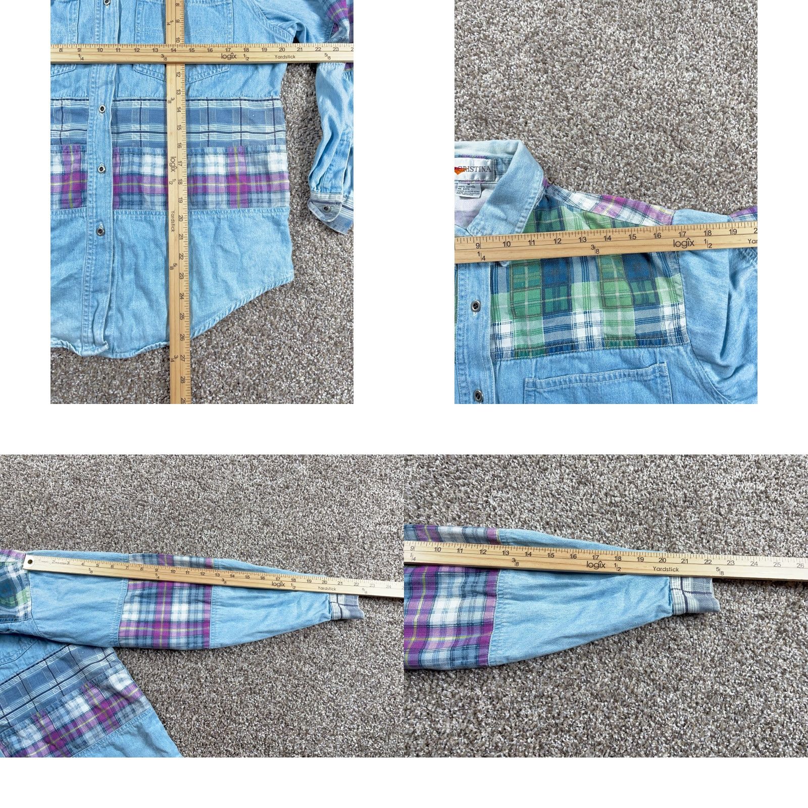Vintage VINTAGE 90s Cristina Denim Plaid Patchwork Shirt Women's Medium Light Blue Casual Long Sleeve Button-Up Size L / US 10 / IT 46 - 8 Thumbnail