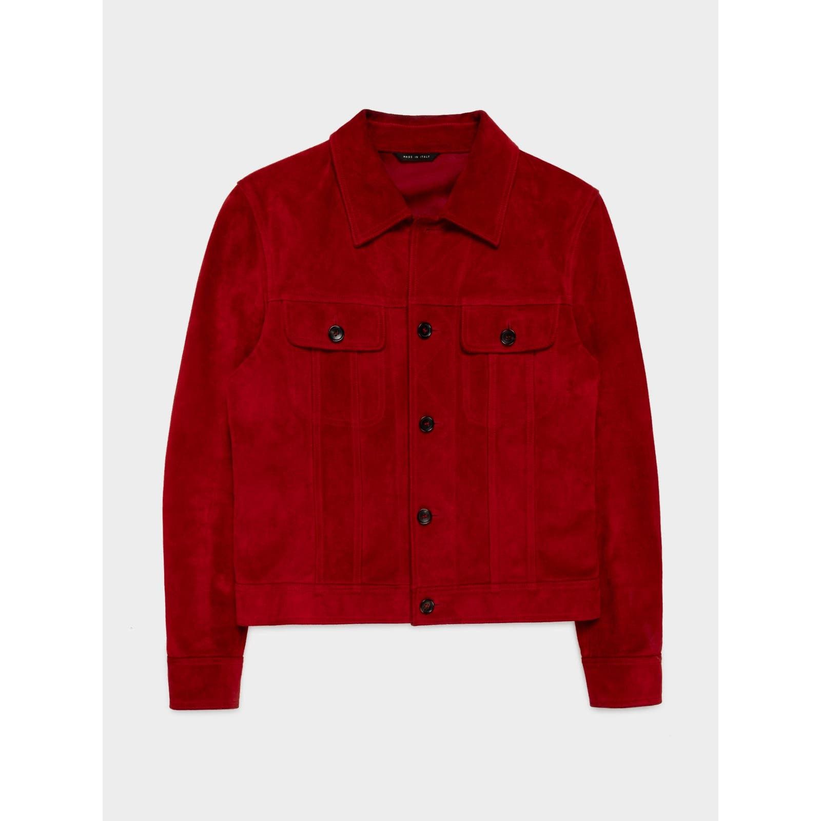 image of Gucci Suede Trucker Jacket in Red, Men's (Size Small)