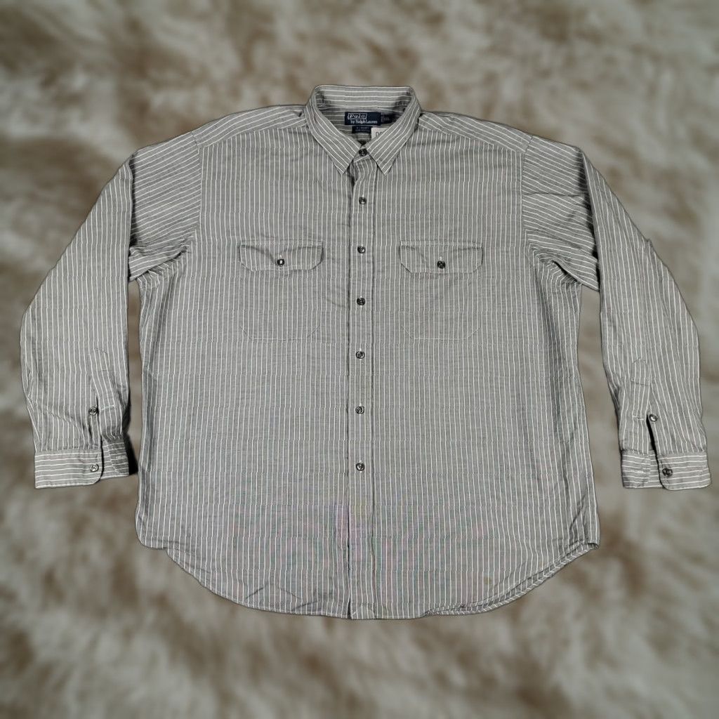 Polo Ralph Lauren Polo Ralph Lauren Button-Up Shirt Mens 2XL Gray White Striped Cotton Long Sleeve Classic Preppy Size US XXL / EU 58 / 5 - 1 Thumbnail