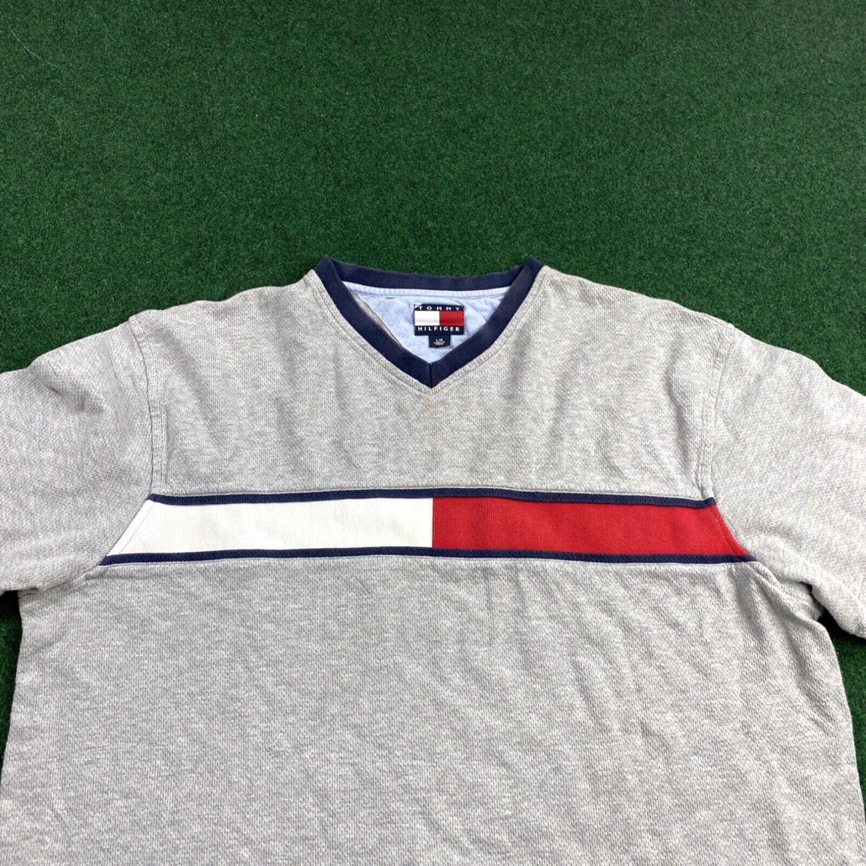 Tommy Hilfiger VTG Tommy Jeans Mens Large Shirt Gray Short Sleeve 100% Cotton V Neck Size US L / EU 52-54 / 3 - 2 Thumbnail