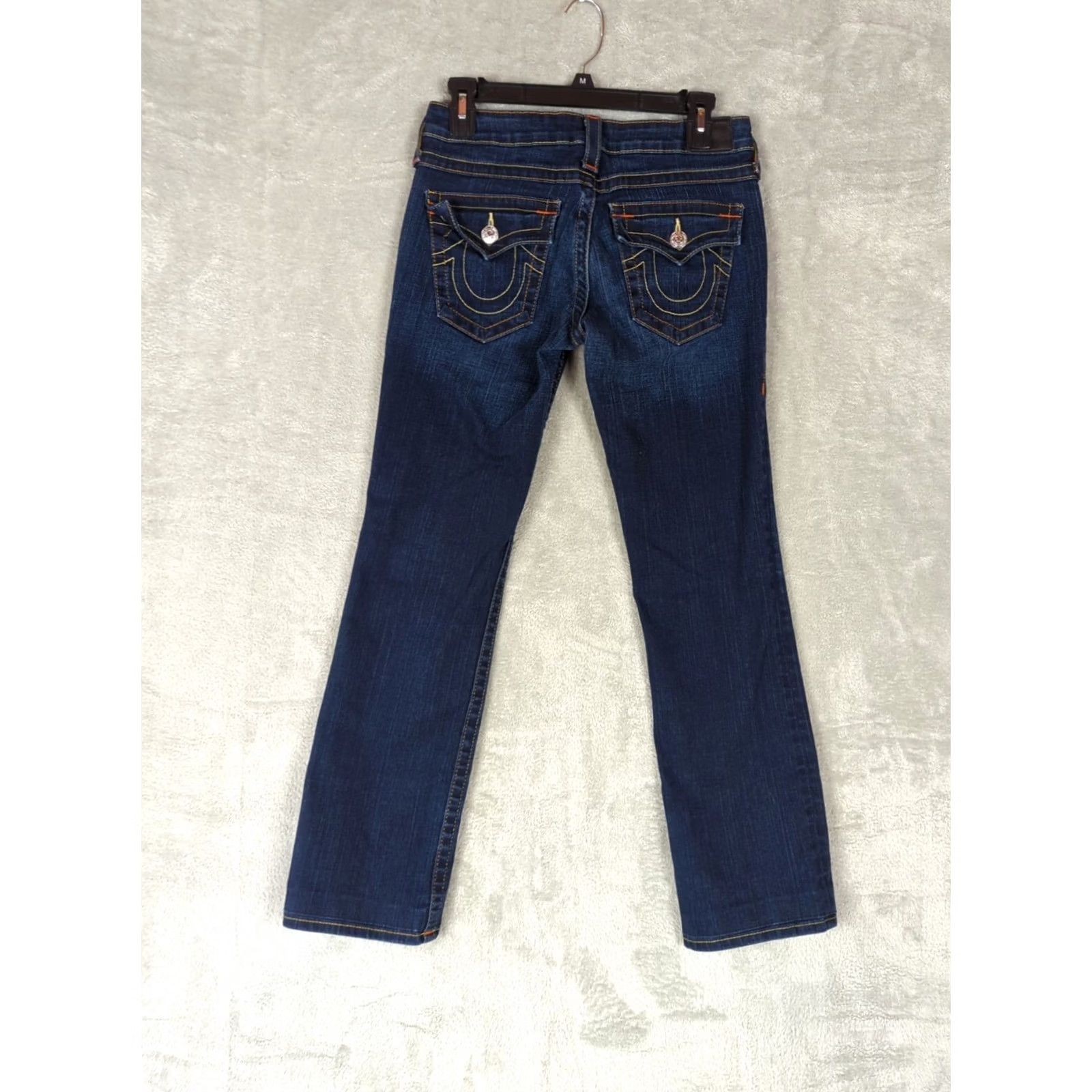 True Religion VINTAGE True Religion Jeans 5-Pocket Regular Bootcut Blue Women 29 Dark Wash Cotton Elastane Belt Loops Zip Pocket Design American Theme Size 29" - 6 Thumbnail