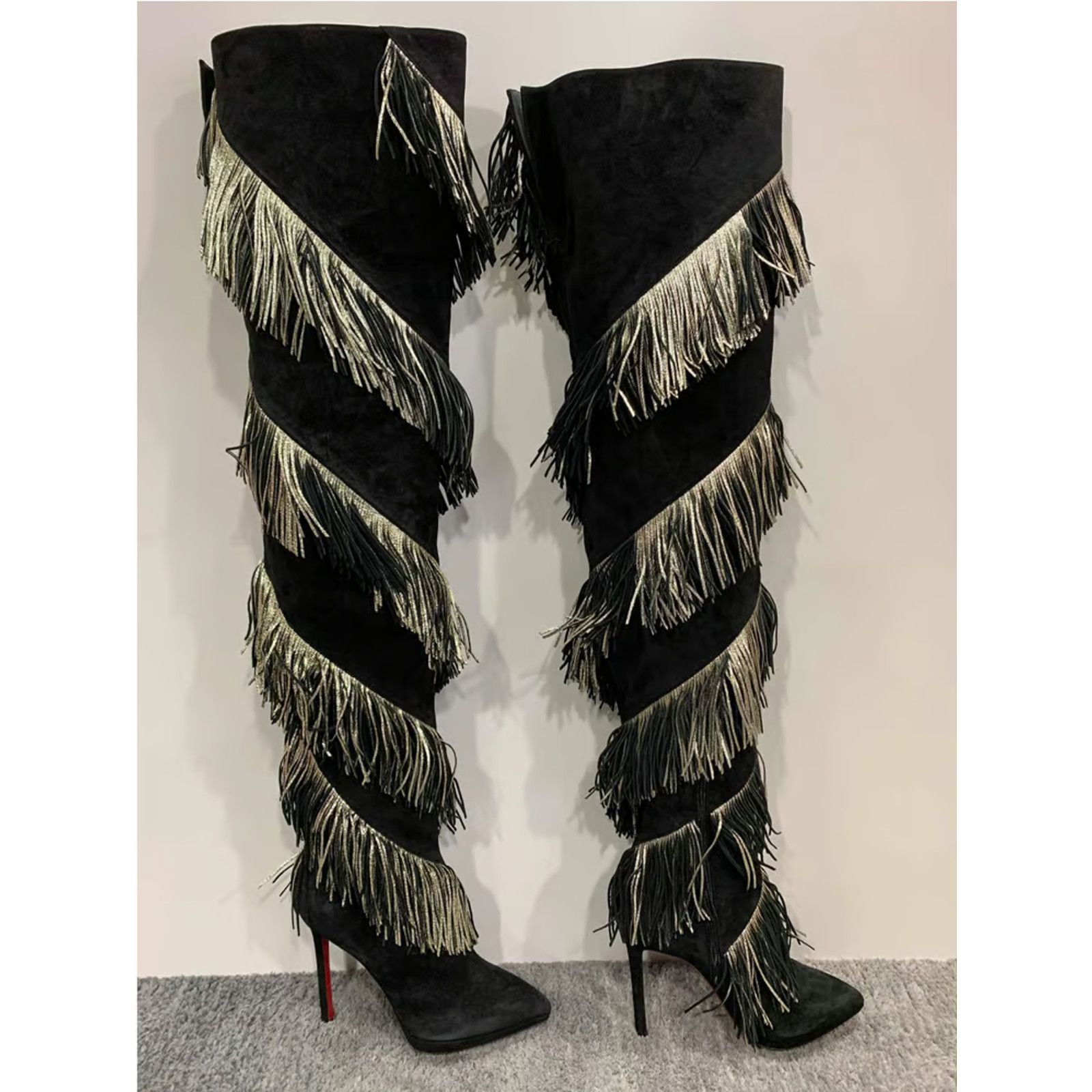Christian Louboutin Christian Louboutin Bolcheva 120 Black Gold Fring Thigh High Size US 10.5 / IT 40.5 - 4 Thumbnail
