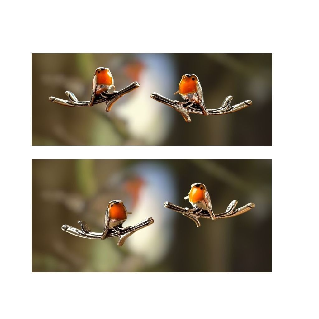Handmade Robin Bird Earrings Ear Climbers New Orange Silver Tree Bran Size ONE SIZE - 4 Thumbnail