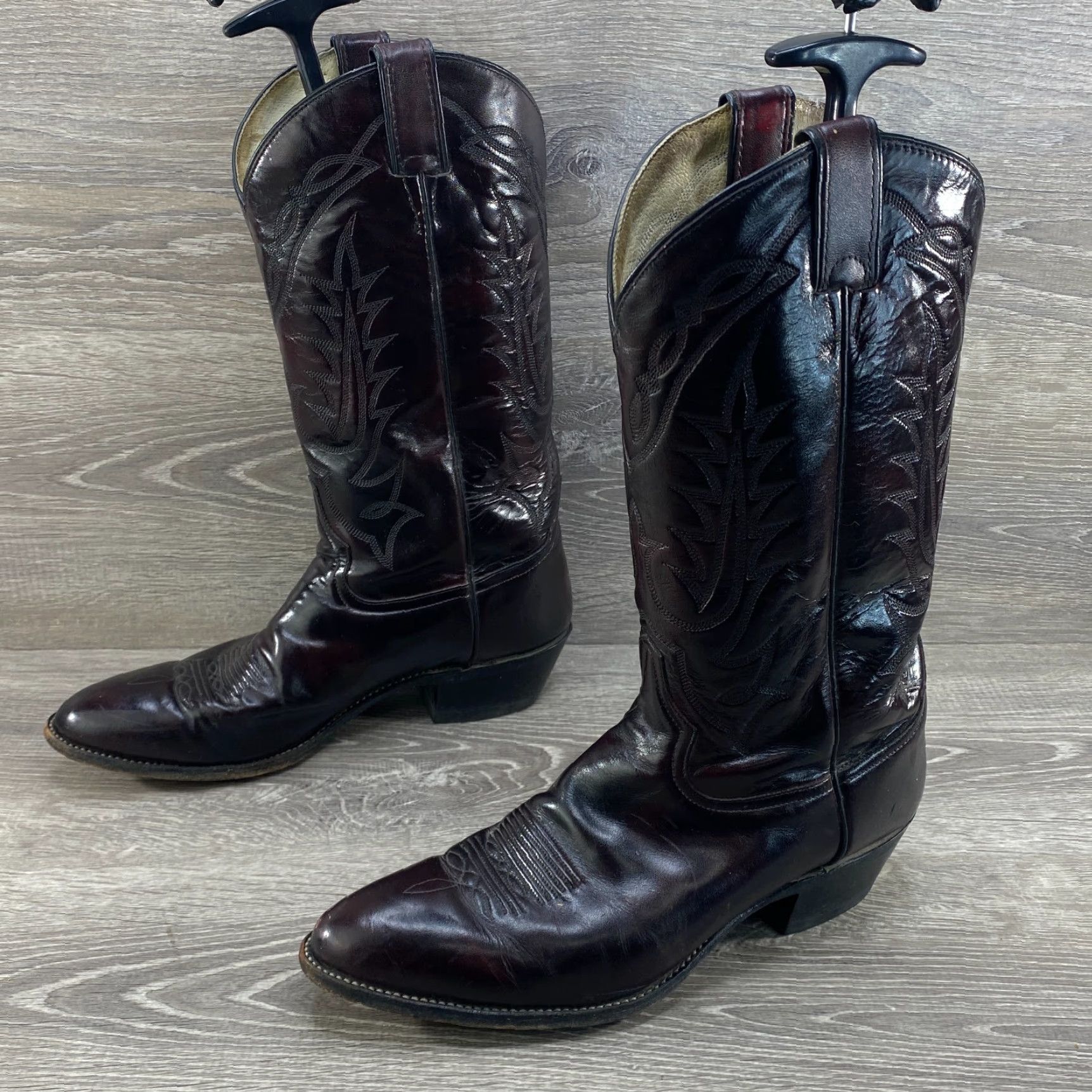 Tony Lama VINTAGE Tony Lama Mens 10.5 Black Cherry Burgundy Leather Cowboy Boots Western Size US 11 / EU 44 - 6 Thumbnail