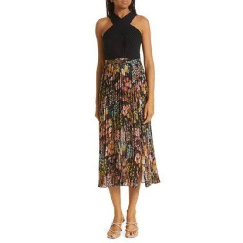 image of Ted Baker London Aquila Pleated Cross Front Dress Floral in Black, Women's (Size XL)