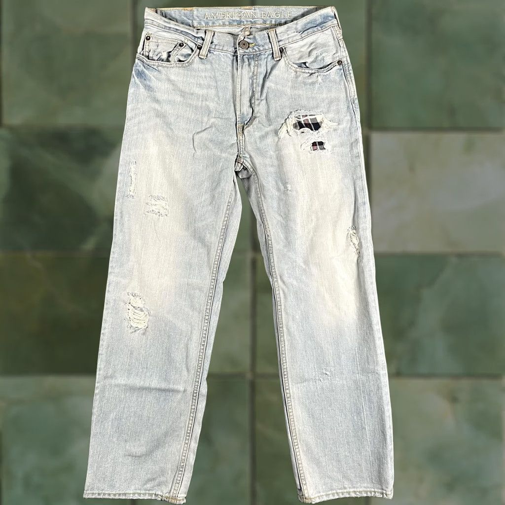 Vintage American Eagle Jeans Men's 29x29 Low Loose Relaxed Straight Distressed Plaid Patch Light Blue Denim Size US 29 - 1 Thumbnail
