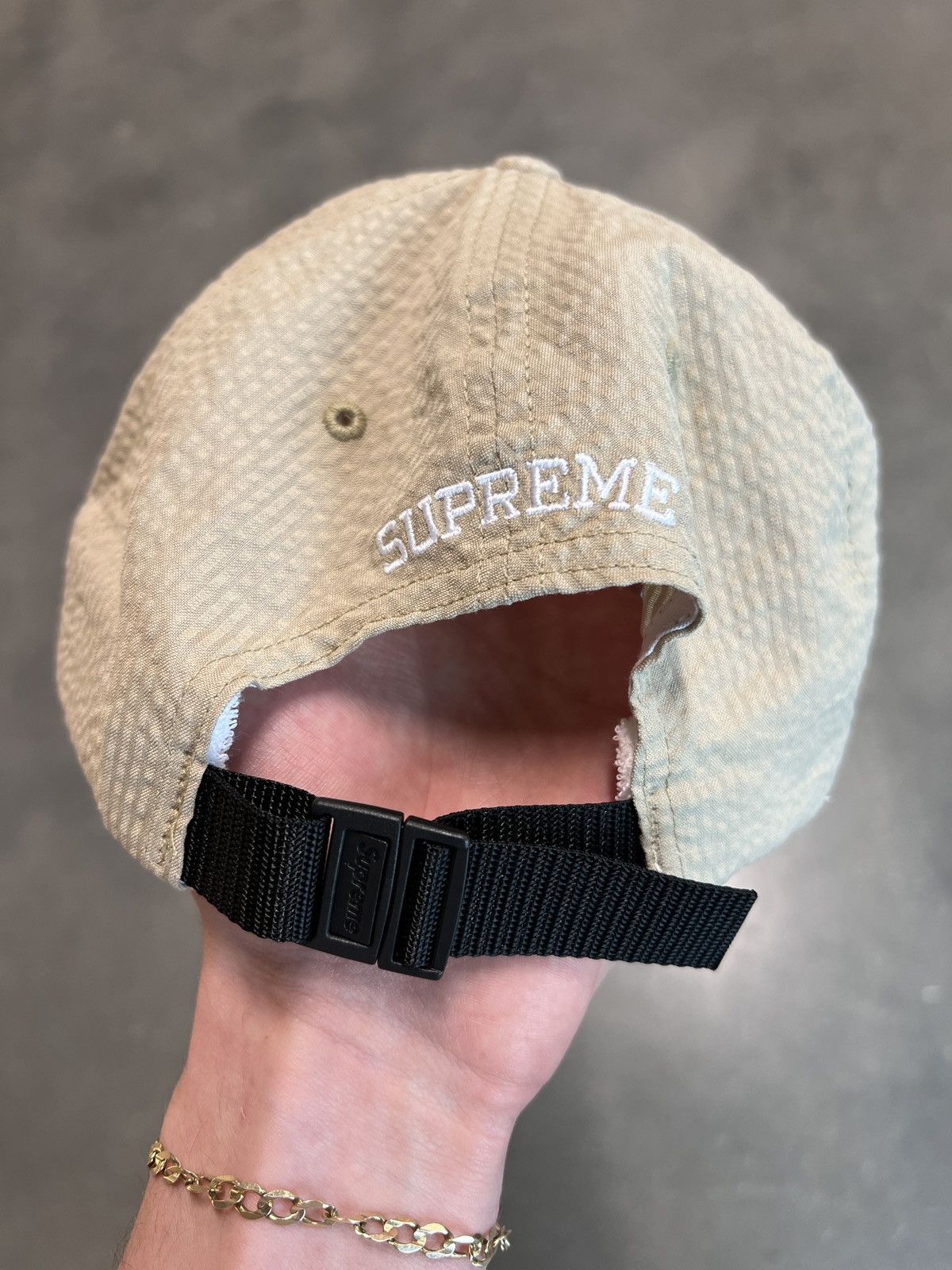 Supreme Supreme Seersucker S Logo 6-Panel Hat Tan | Grailed
