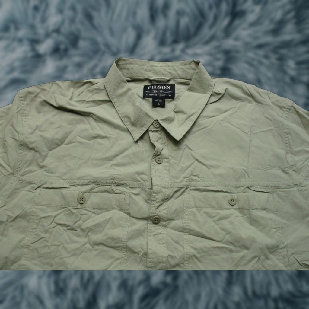Filson Shirt Mens XL Short Sleeve Nylon Button-Up Outdoor Fishing Beige