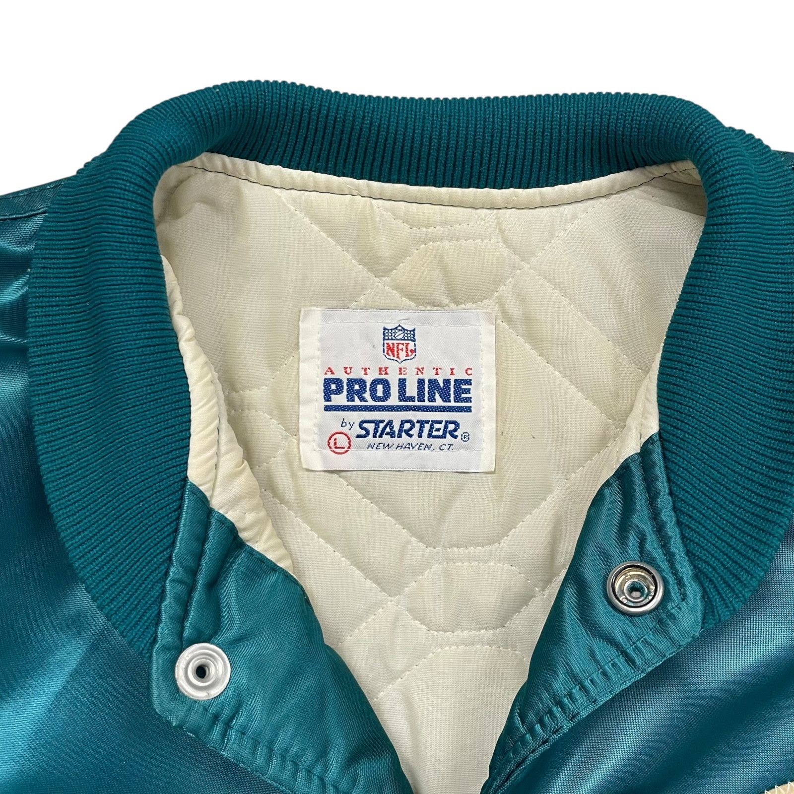 NFL VTG 90s MIAMI DOLPHINS STARTER SATIN JACKET SPELL OUT Sz L Size US L / EU 52-54 / 3 - 7 Thumbnail
