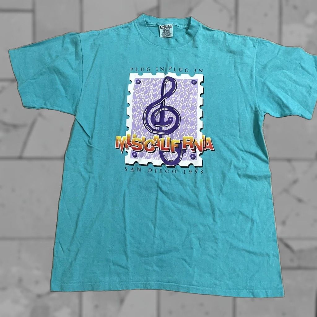Vintage VINTAGE Oneita Musicalifrnia Graphic T-Shirt Mens Large Blue Single Stitch Size US L / EU 52-54 / 3 - 1 Thumbnail