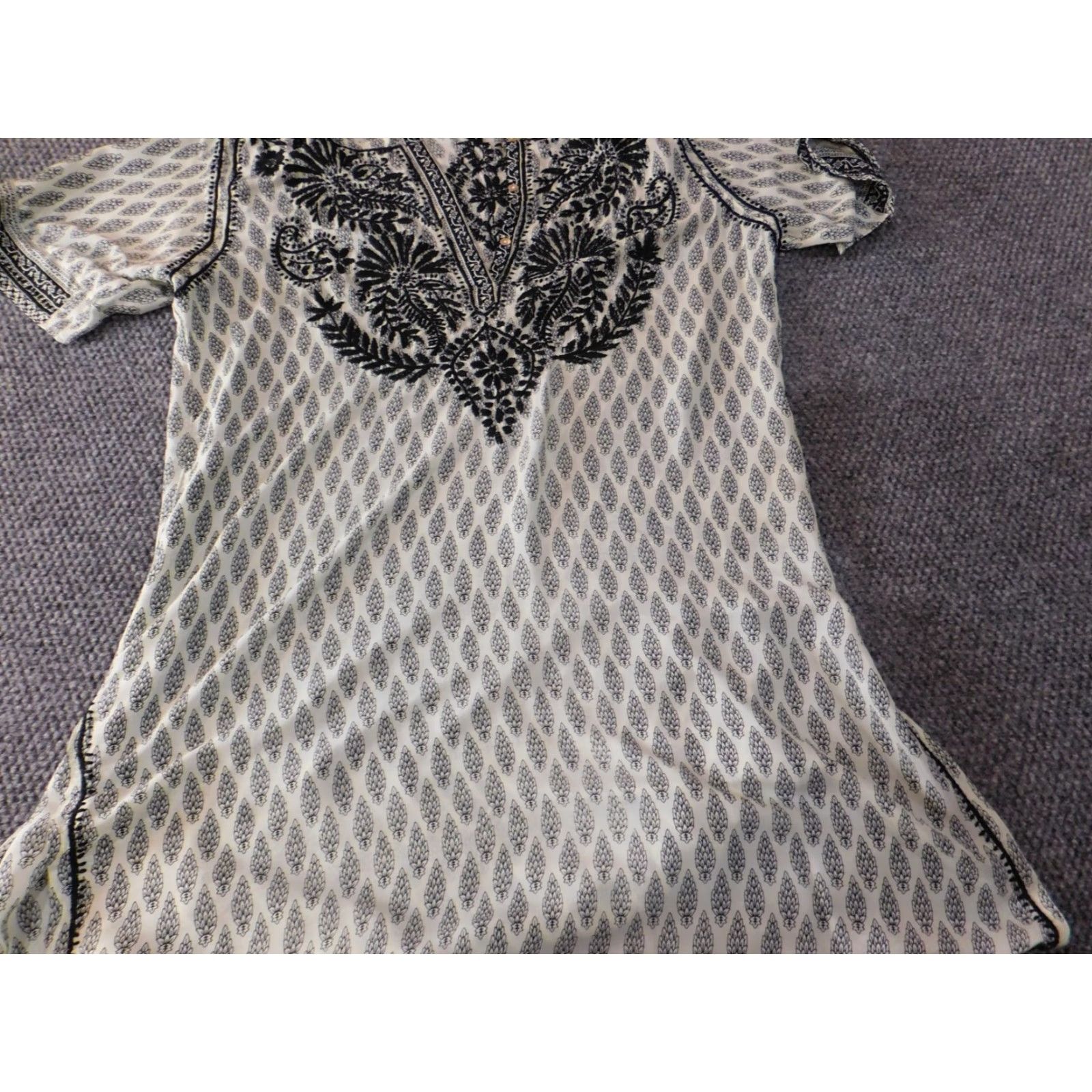 Vintage Al Jaber Gallery Dress Large Gray A-Line Dolman Sleeve Silk Polyester Midi Crew Neck Ruffle Geometric Pattern Women Regular Autumn Fall Vintage: No Size L / US 10 / IT 46 - 3 Thumbnail