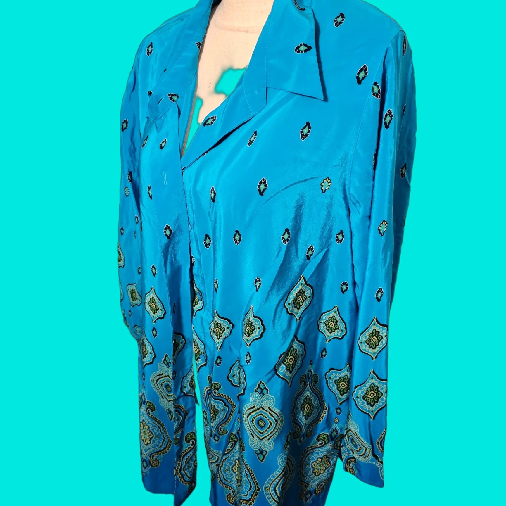 VINTAGE Silk Lore by Beth Terrell Button Up Shirt Blouse Blue 1X Paisley Silk Lore Women Plus Shirt Tunic Womens