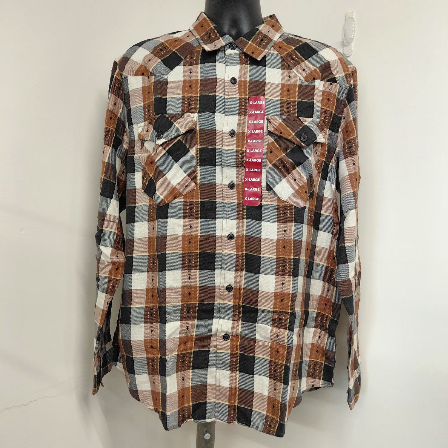 Frye NWT Frye Jacquard Flannel Shirt Mens XL XLarge Black/Brown Long Sleeve Casual Button-Up Zip? Actually button closure. Size US XL / EU 56 / 4 - 2 Thumbnail