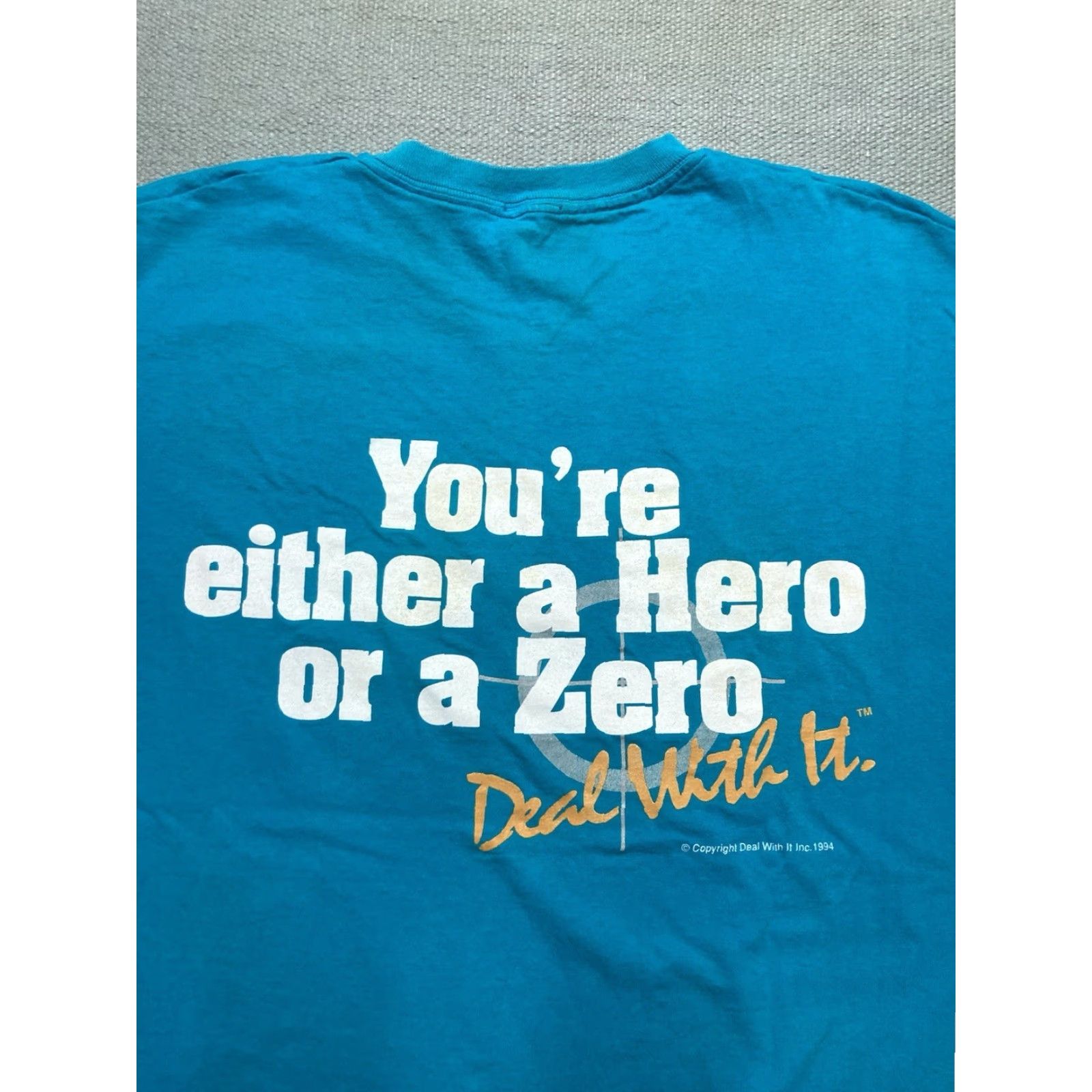 Vintage VINTAGE 90s graphic T-Shirt Hero XL Blue Men, Single Stitch, Deal with it either hero or a zero, 23" Pit to Pit, 29" Length Size US XL / EU 56 / 4 - 4 Thumbnail