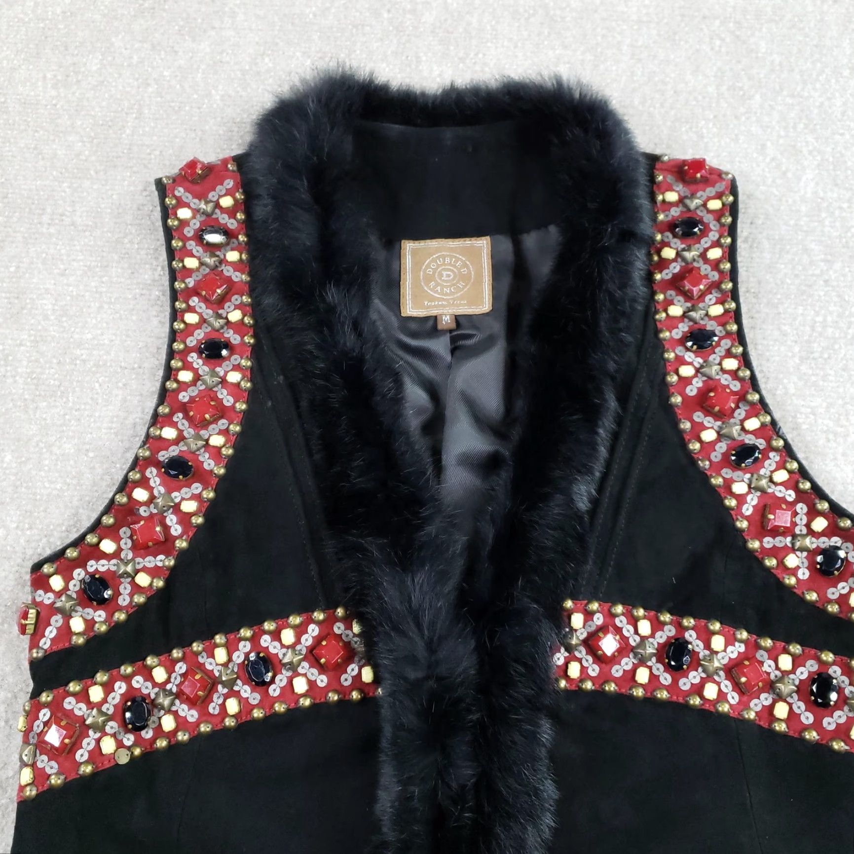 Doublet VINTAGE Double D Ranch Vest Women Medium Long Black Leather Beaded Removeable Fur Trim Size M / US 6-8 / IT 42-44 - 6 Thumbnail